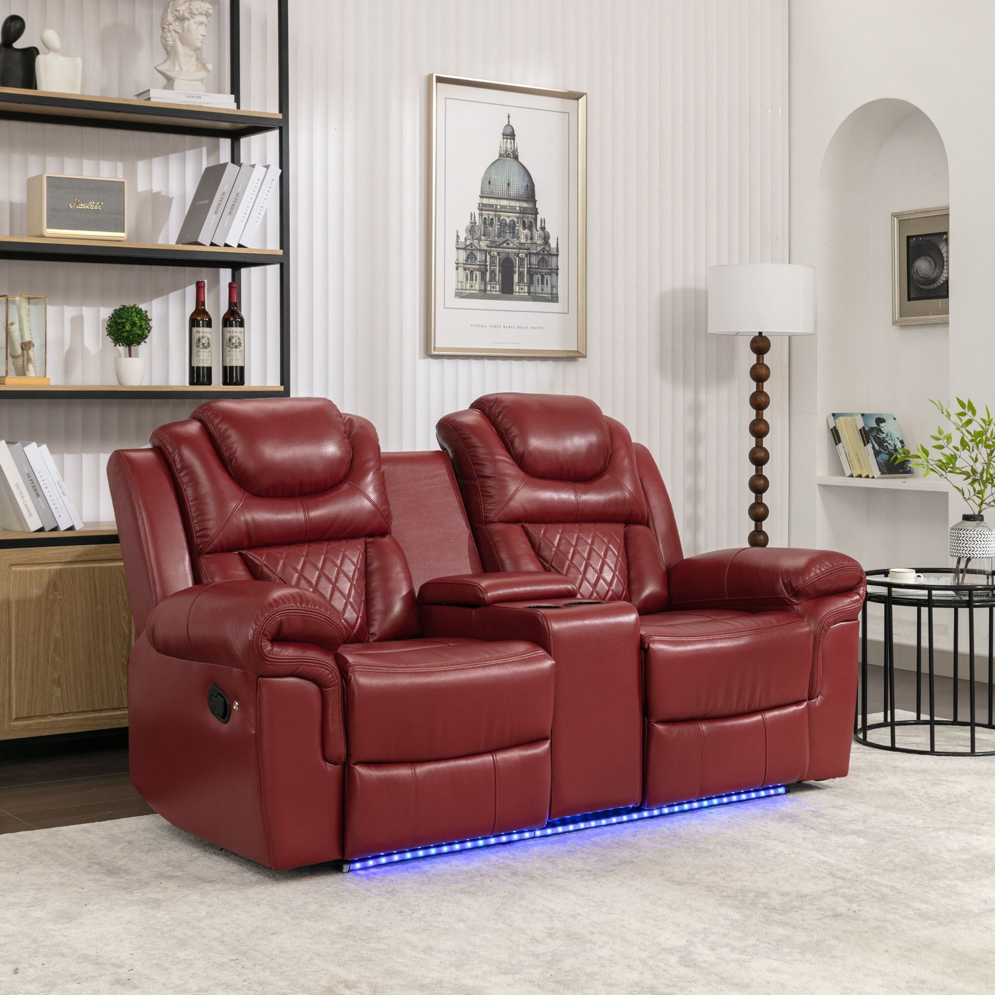 Home Theater Seating Manual Recliner Loveseat With Hide-Away Storage, Cup Holders And Led Light Strip For Living Room Hearth and Haven