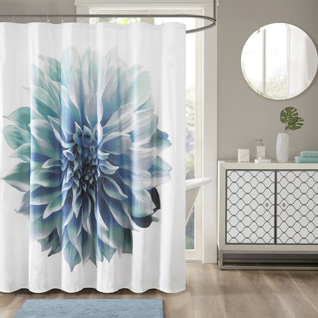 Norah - Printed Floral Shower Curtain - Aqua