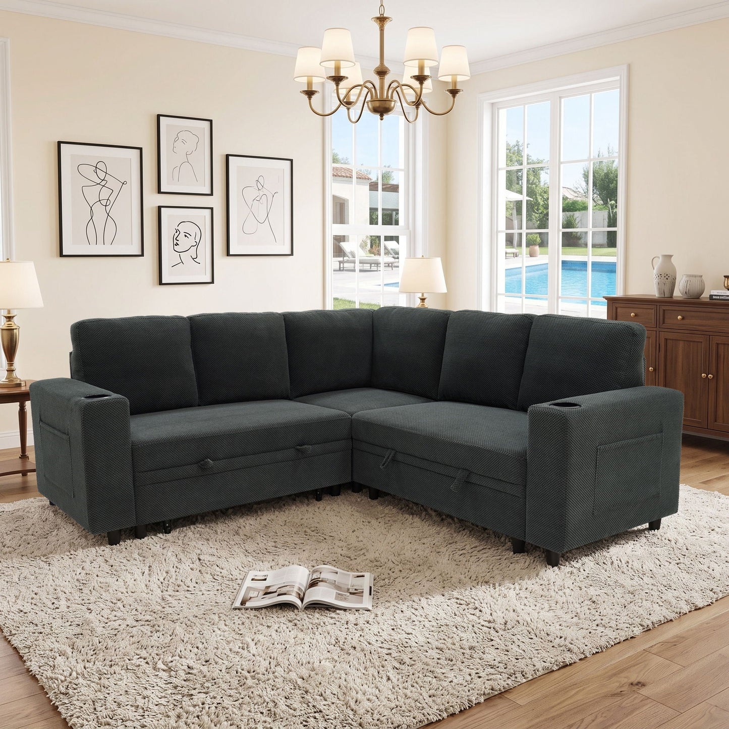Upholstered L - Shape Sectional Sofa Bed With Pull Out Sleeper And Storage Home Essentials