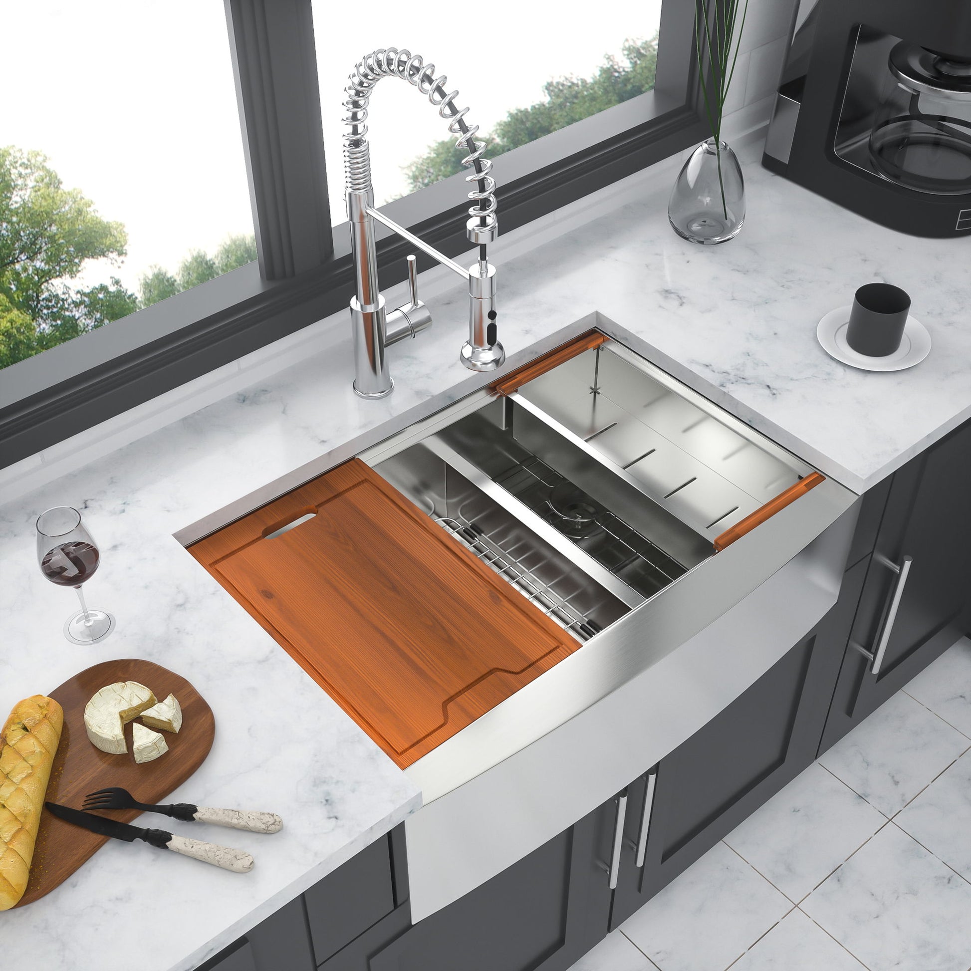 Double Bowl Farmhouse Sink Workstation 33" Stainless Steel 16 Gauge Apron Front - Black / Gray Daily Nest