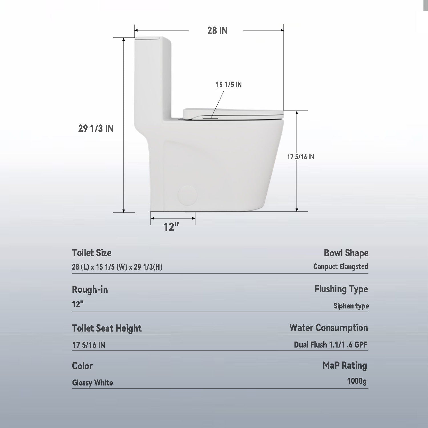 Upgraded Design Armrest, With Glossy Gw 007 1 Piece Toilet With Tornado Flush, Soft Close Seat, Dual Flush Map 1000G, Comfort Chair Seat - Gloss White Daily Nest