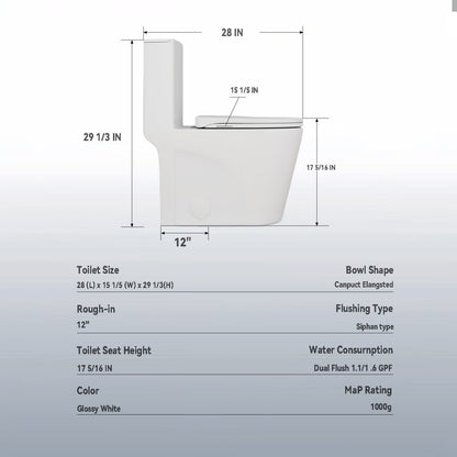 Upgraded Design Armrest, With Glossy Gw 007 1 Piece Toilet With Tornado Flush, Soft Close Seat, Dual Flush Map 1000G, Comfort Chair Seat - Gloss White Daily Nest