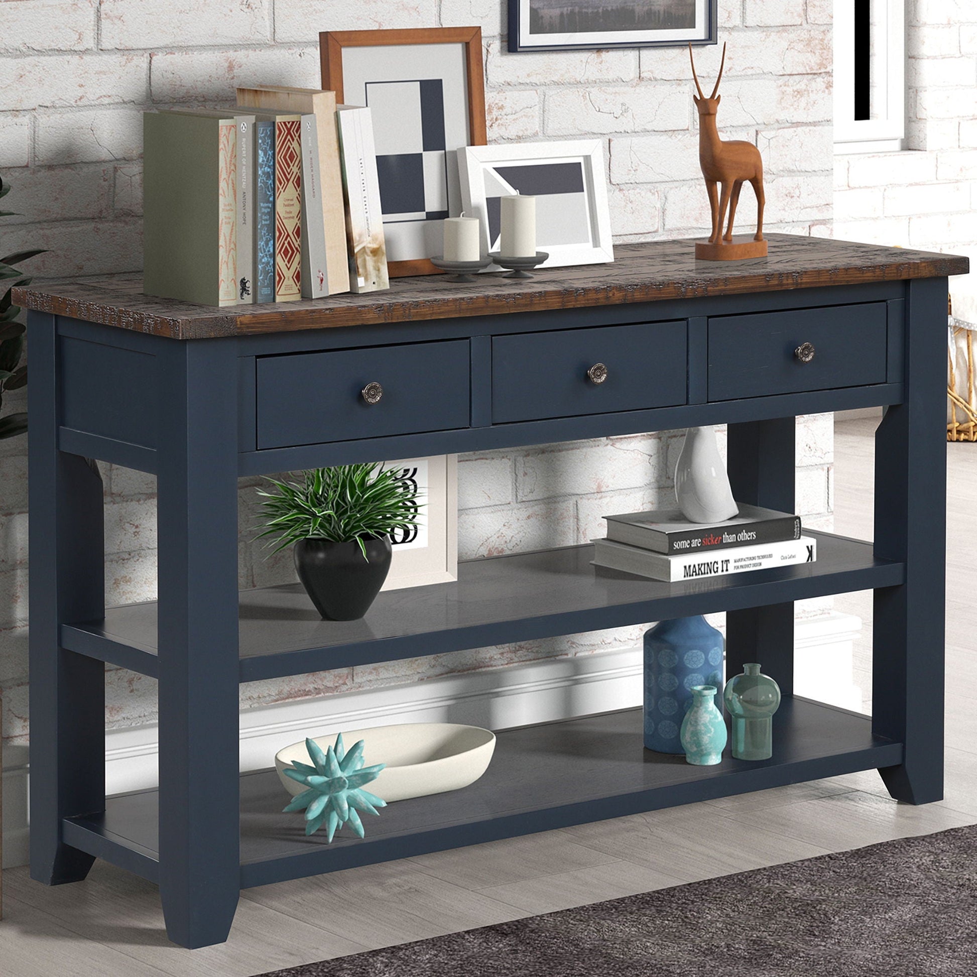 49'' Rectangular Solid 3 Drawer 2 Shelf Console Table - Blue Home Essentials