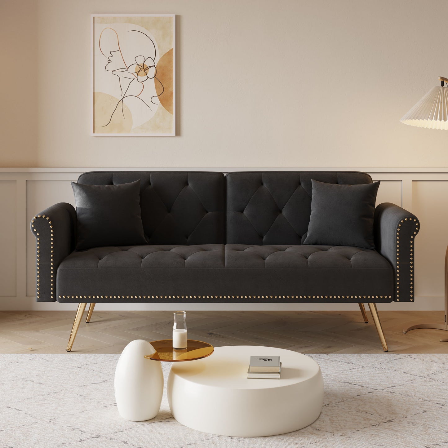 Luxurious Velvet Sofa Bed With Nail Head Trim And Matching Pillow Home Essentials