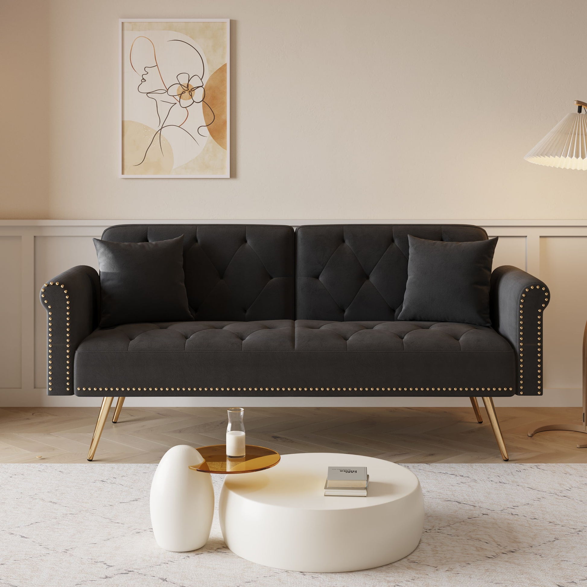 Luxurious Velvet Sofa Bed With Nail Head Trim And Matching Pillow Home Essentials