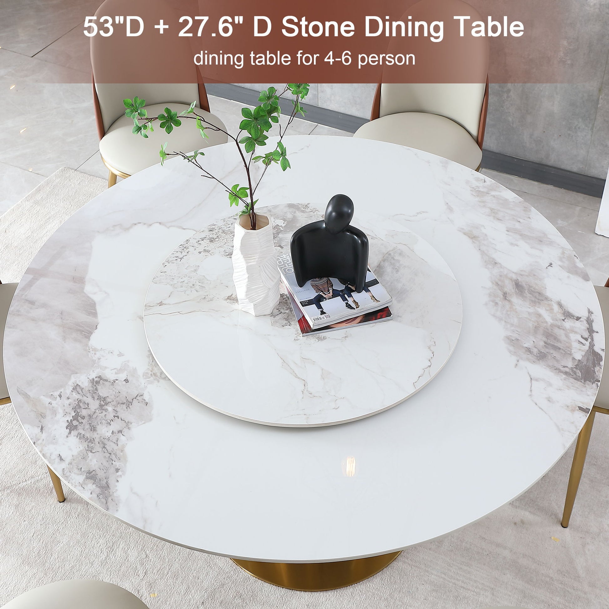 53" Round Marble Dining Table With Lazy Susan, Dining Room, Dinette (Table Only) - Gold / Gold / White Home Essentials