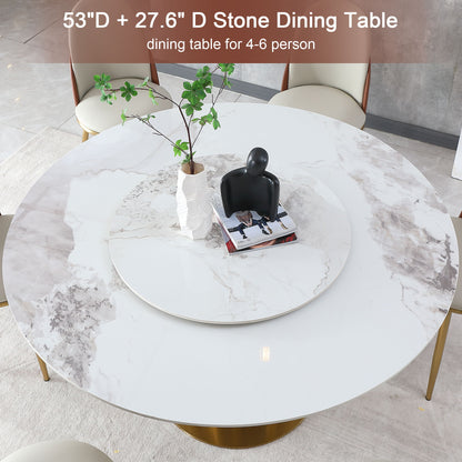 53" Round Marble Dining Table With Lazy Susan, Dining Room, Dinette (Table Only) - Gold / Gold / White Home Essentials