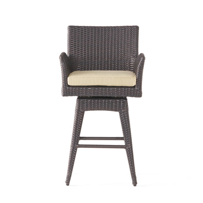Outdoor Modern Rattan Swivel Barstool With Tapered Legs - Beige / Multibrown Noble House