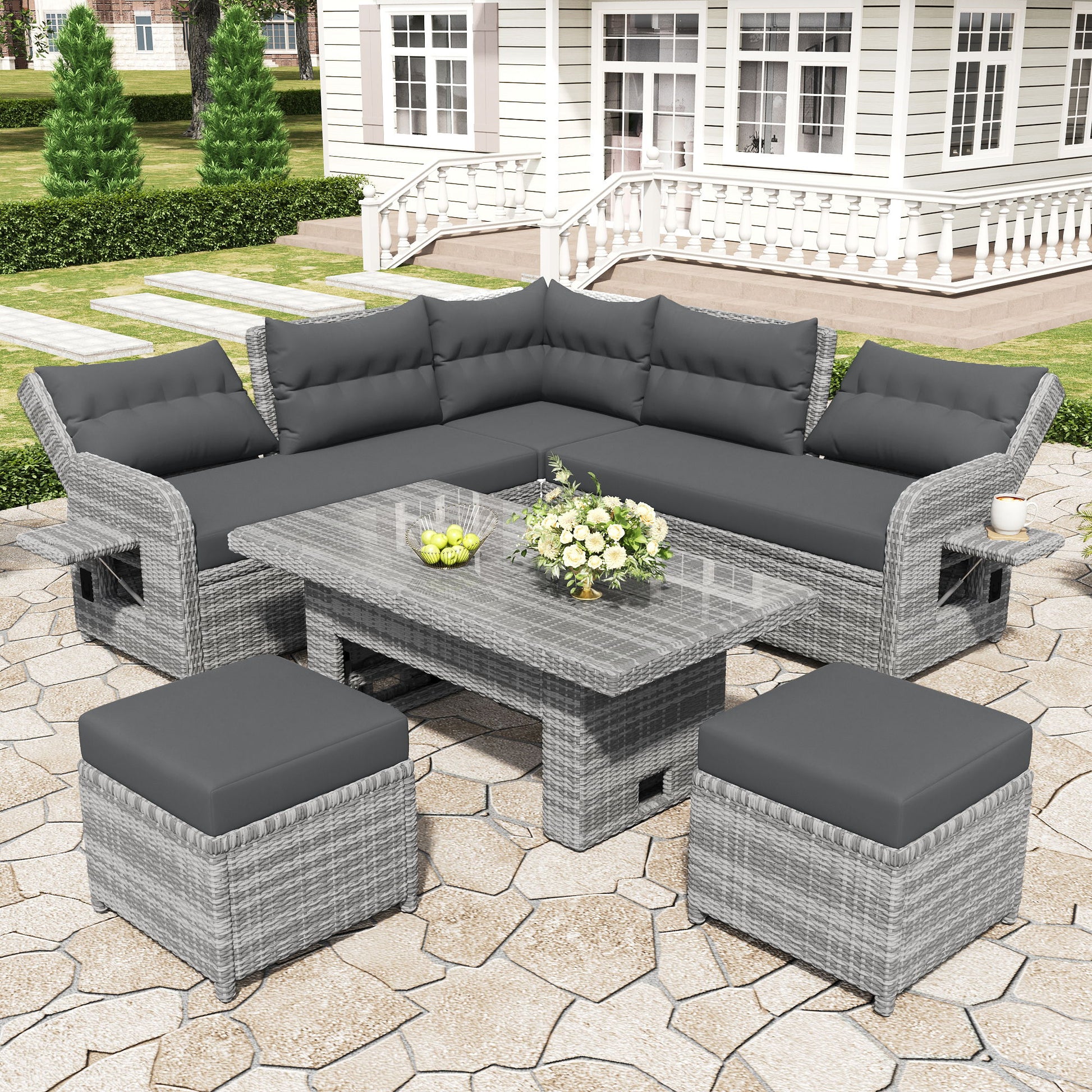 Outdoor Furniture Set Patio Rattan Furniture Set With Adjustable Table, Recliners With Extendable Side Tables And 2 Ottomans Hearth and Haven