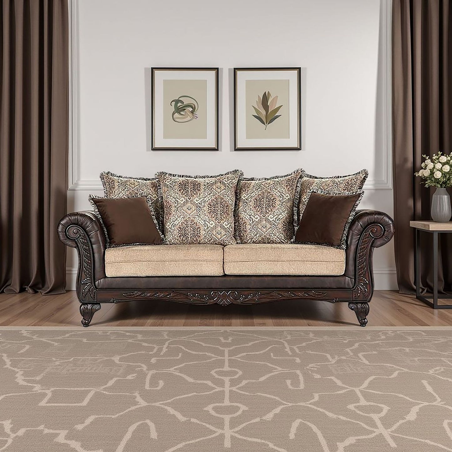 Brookridge - Rolled Arm Sofa With Ornate Details And Mixed Upholstery - Brown Furniture Max