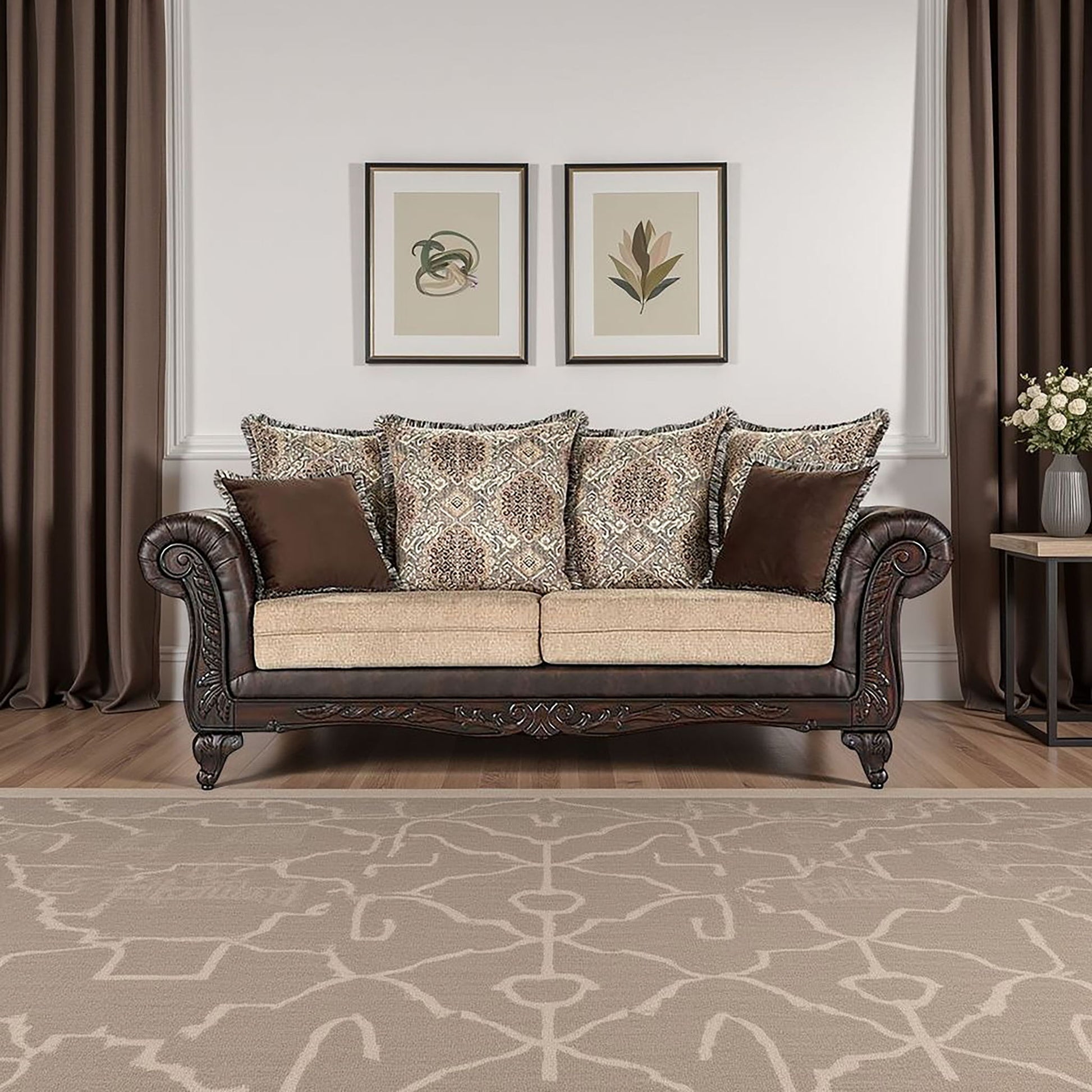 Brookridge - Rolled Arm Sofa With Ornate Details And Mixed Upholstery - Brown Furniture Max