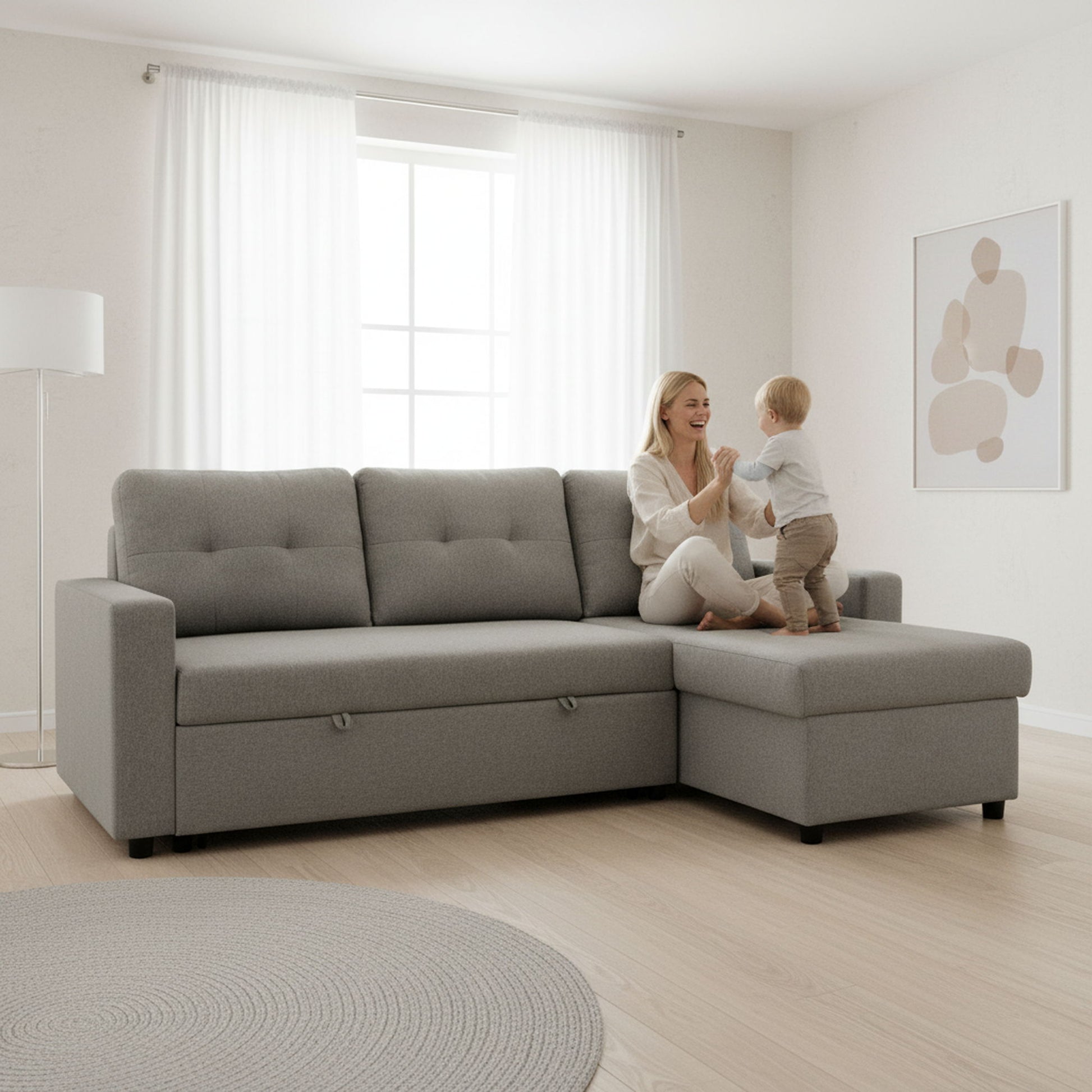 Convertible L Shaped Sectional Sleeper Sofa Bed, Saving Pull Out Couch US Pride