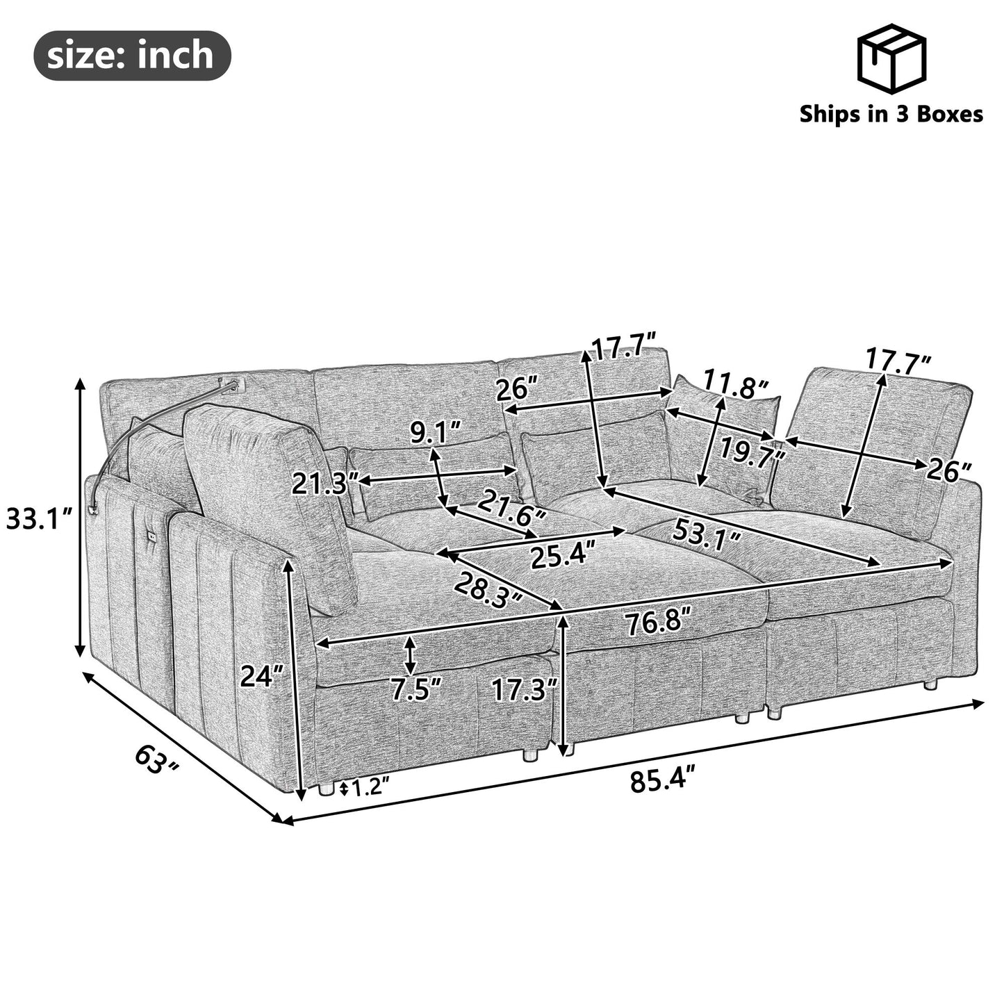 Modern Modular U-Shaped Sofa Bed With Movable Ottoman, USB Ports, Phone Holder Hearth and Haven