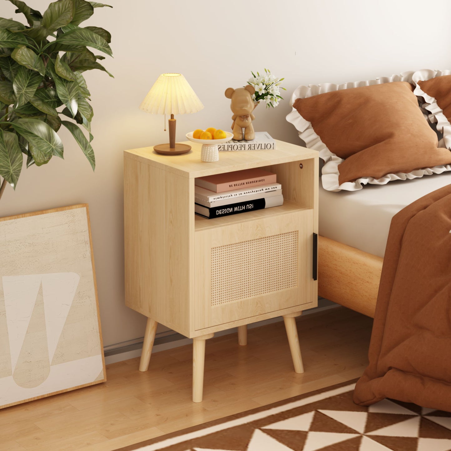 Nightstand, Side Table With Door And Open Shelf For Bedroom - Oak Home Essentials