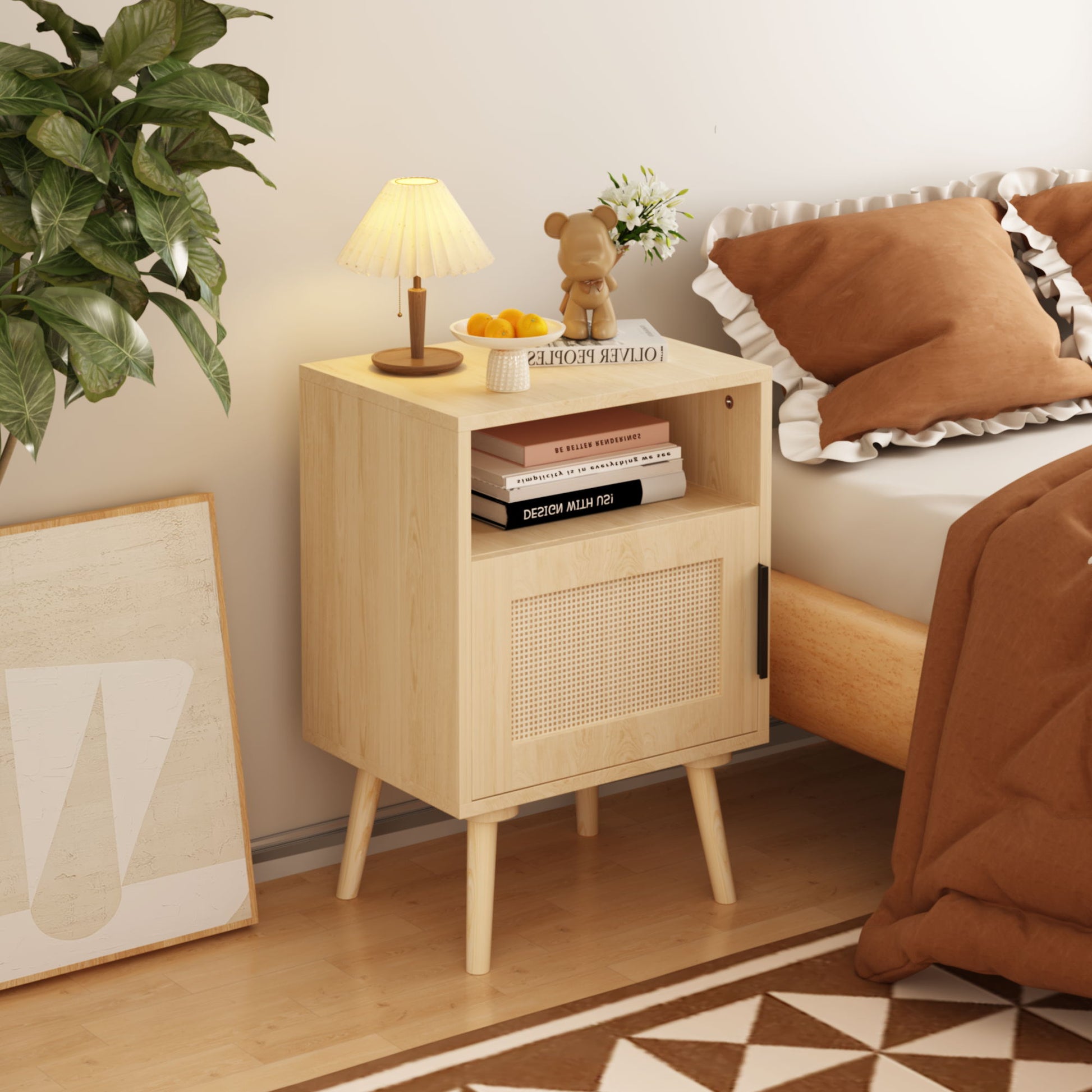 Nightstand, Side Table With Door And Open Shelf For Bedroom - Oak Home Essentials