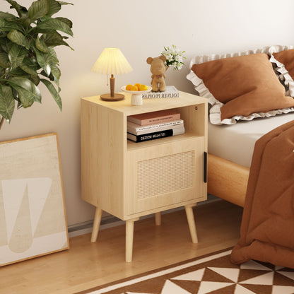Nightstand, Side Table With Door And Open Shelf For Bedroom - Oak Home Essentials