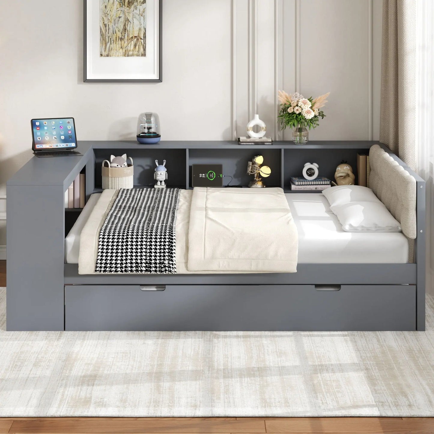 Upholstered Headboard Platform Bed With Storage Shelves, Trundle, Charging Station Hearth and Haven
