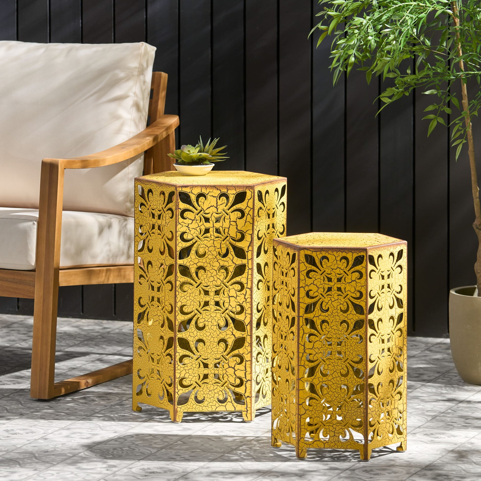 Outdoor Hexagonal Accent Table Set With Charming Fleur De Lis Panel Sides - Antique Yellow Noble House