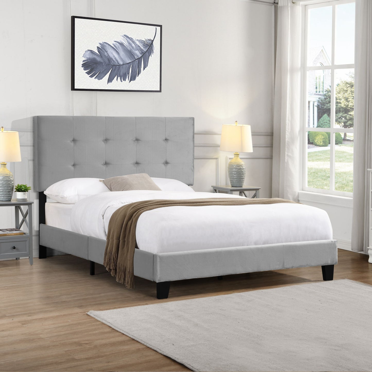 Full Size Upholstered Platform Bed Frame With Tufted Headboard, Strong Wood Slat Support - Gray Home Essentials