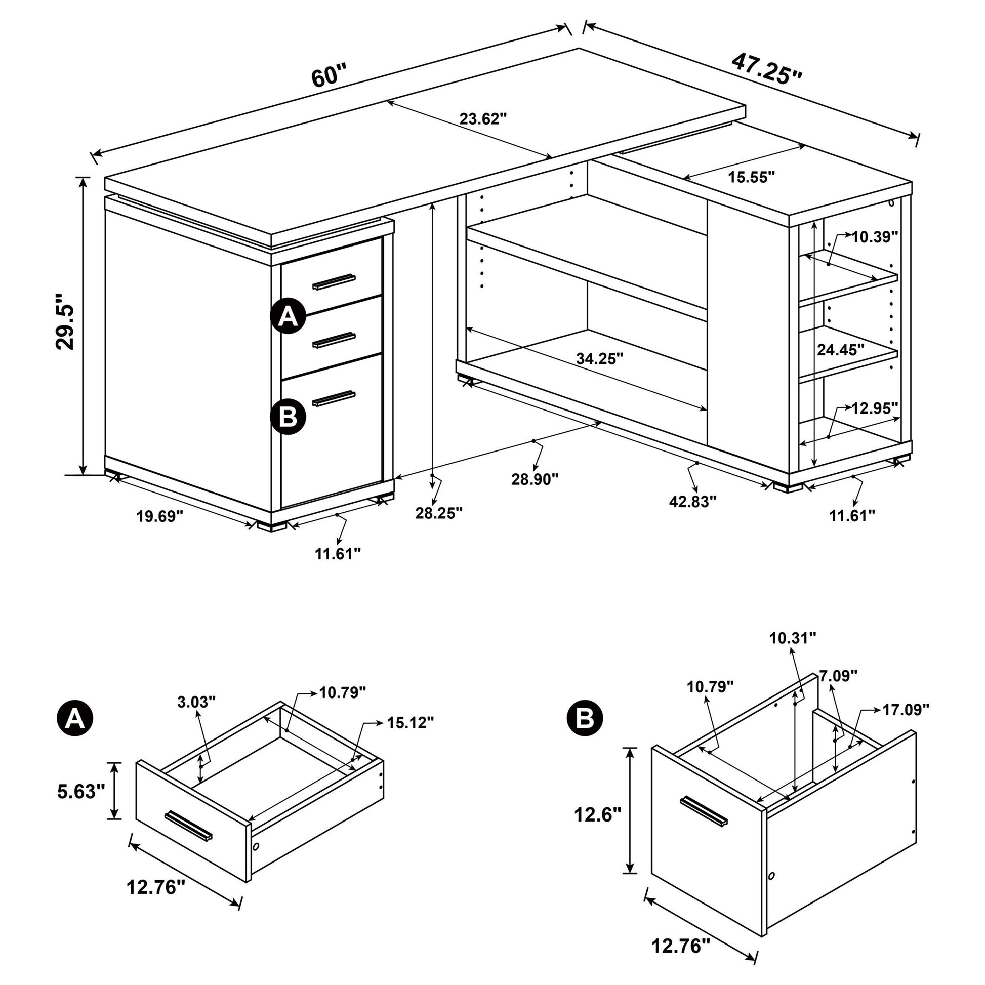 Transitional L Shape Computer Desk With Multiple Storage And Built In File Cabinet Home Essentials