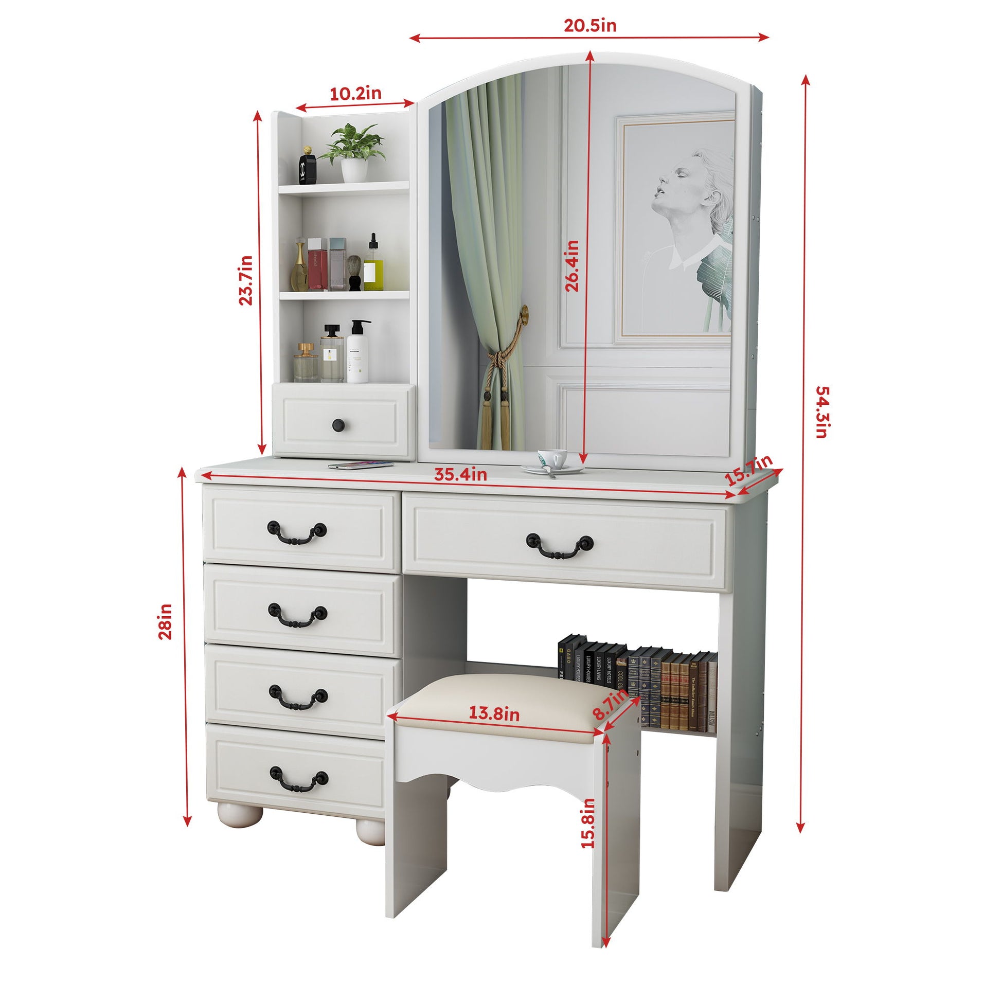 Fashion Vanity Desk With Mirror And Adjustable Lighting, 6 Drawers, 3 Color Light Modes - White Home Essentials