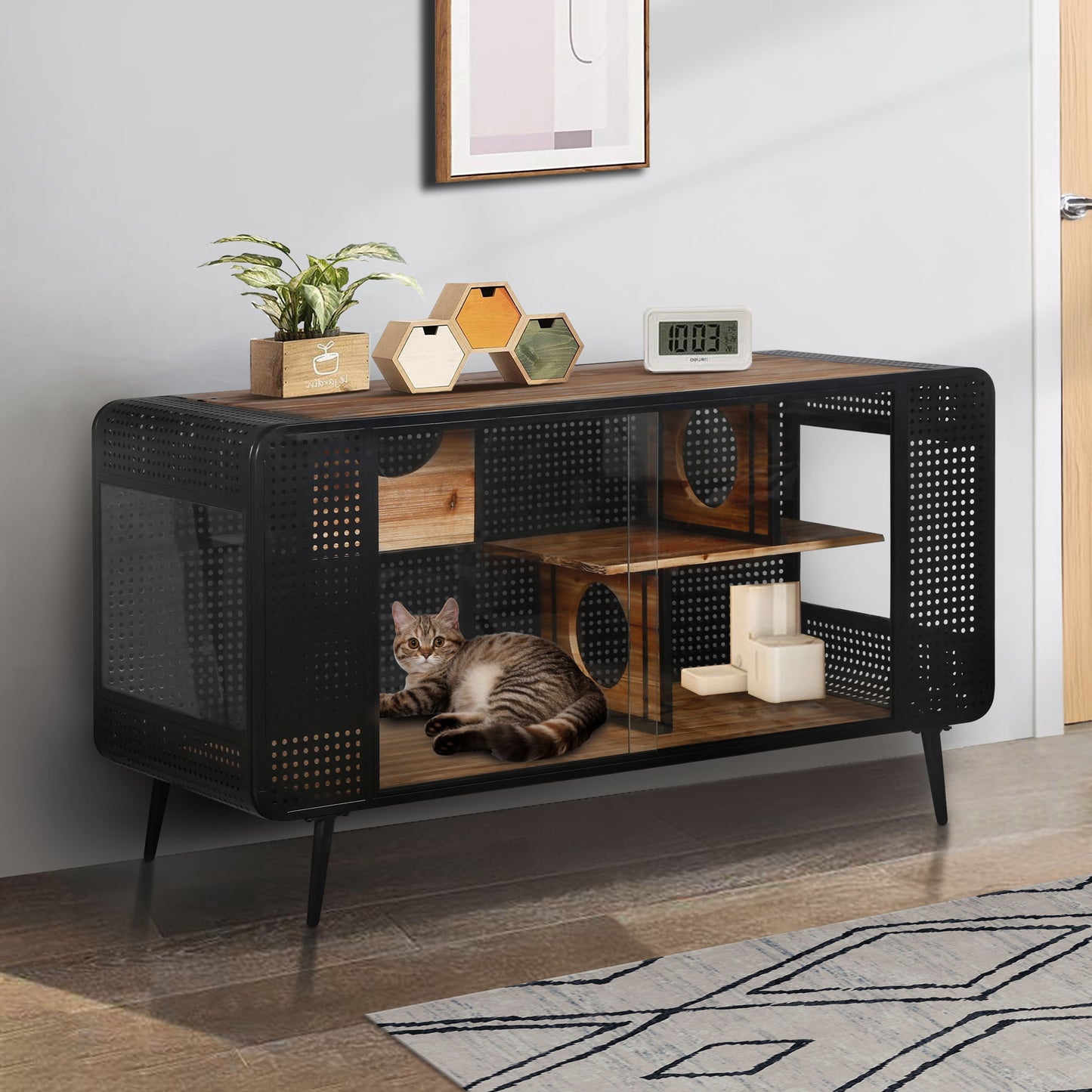 Modern Spacious Cat House With Tempered Glass And Iron Frame For Living Room - Black / Brown Daily Nest