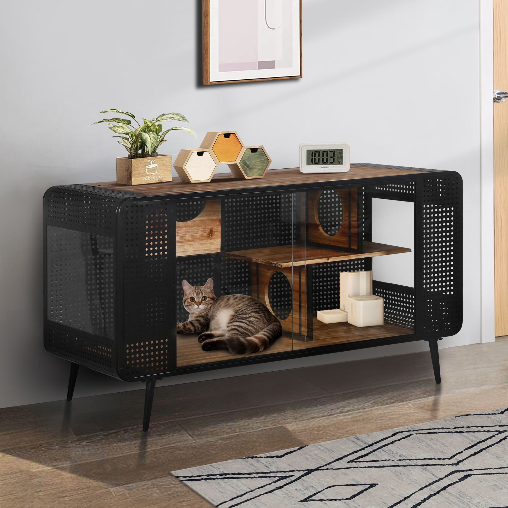 Modern Spacious Cat House With Tempered Glass And Iron Frame For Living Room - Black / Brown Daily Nest