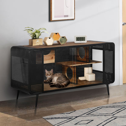 Modern Spacious Cat House With Tempered Glass And Iron Frame For Living Room - Black / Brown Daily Nest