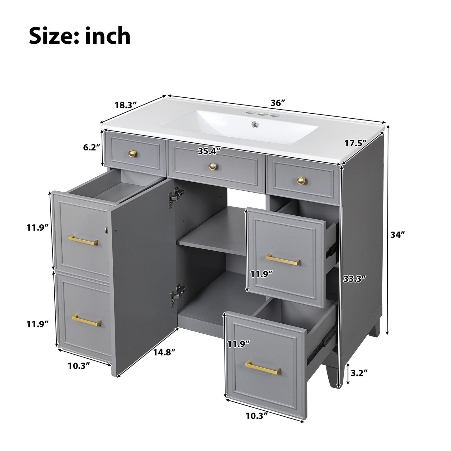 Bathroom Vanity With Ceramic Sink, Soft Close Doors, Adjustable Shelves Hearth and Haven