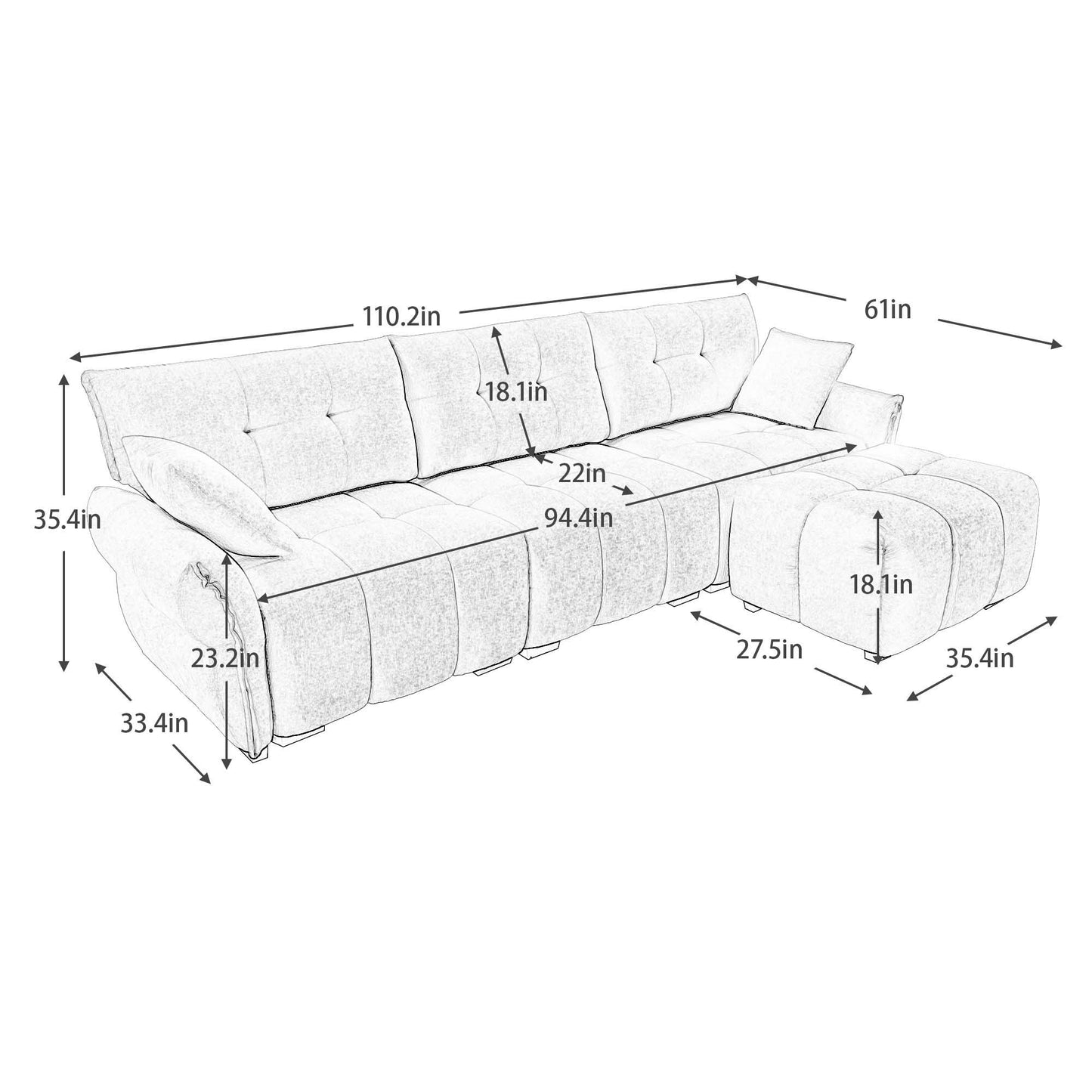 Sofa Set With Ottoman And Pillows, Textured, High Resilience Cushions Home Essentials