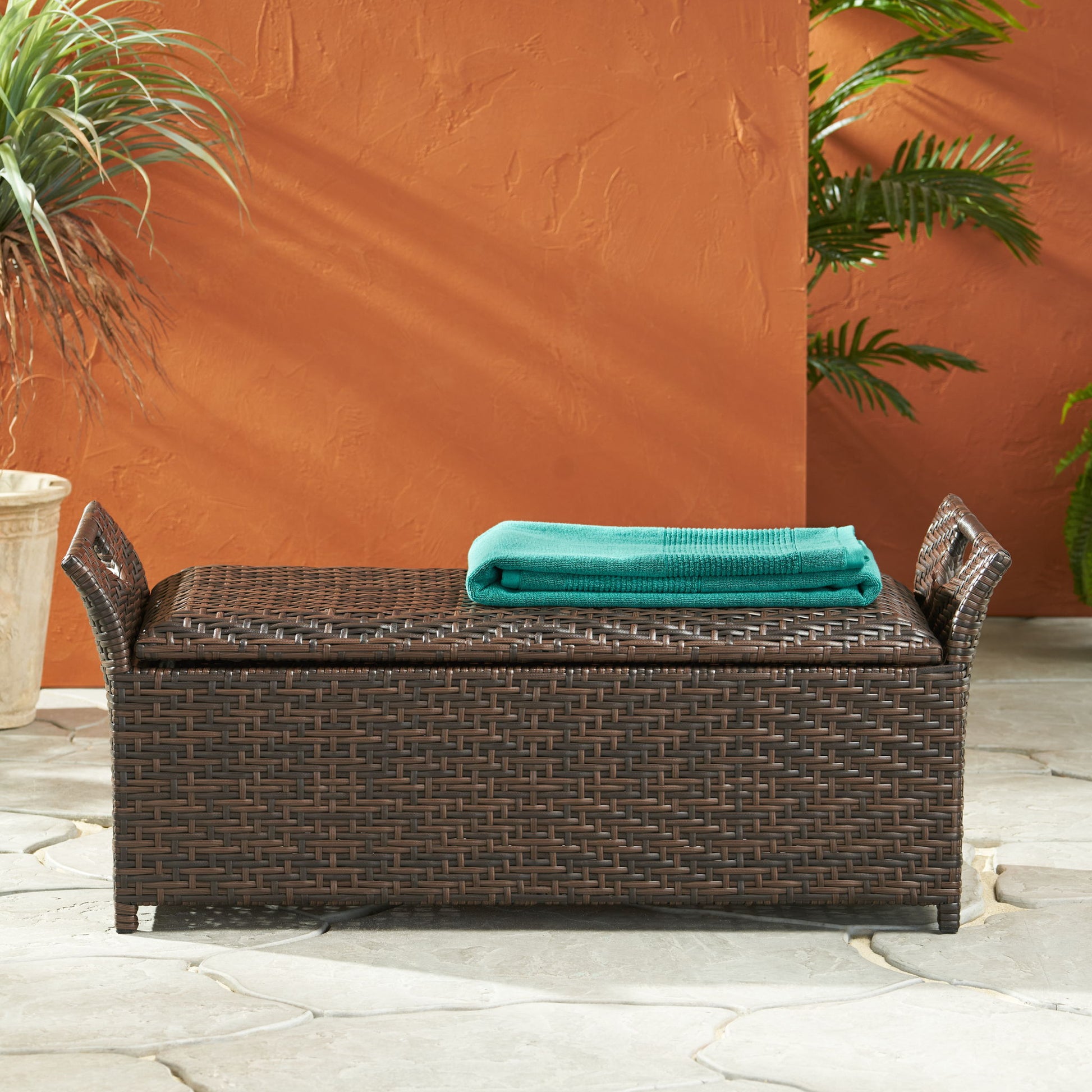 Outdoor Rattan Bench With Flair Arm And Storage - Brown Noble House