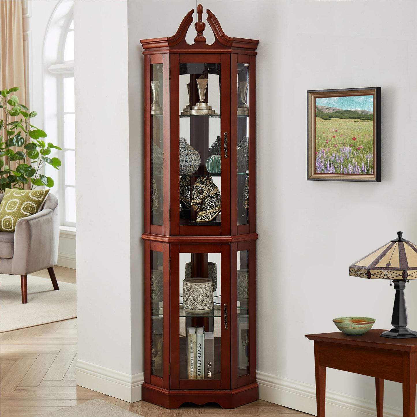 Corner Curio Cabinet With Lights, Adjustable Tempered Glass Shelves, Display Cabinet (E26 Light Bulb Not Included) - Mirrored / Walnut