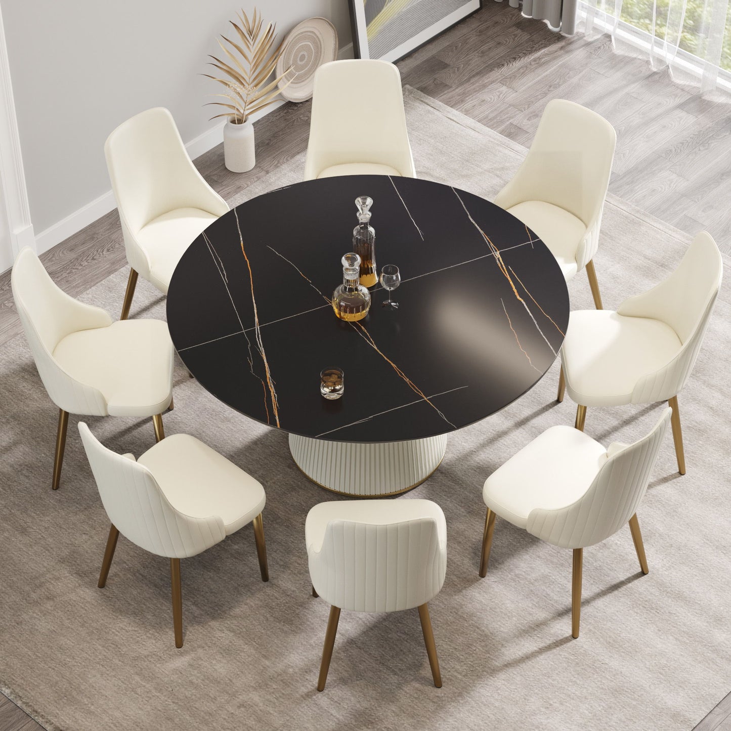 Modern Artificial Stone Round Plywood Base Dining Table, Can Accommodate 8 People, (Not Including Chairs) - Black / Beige Home Essentials