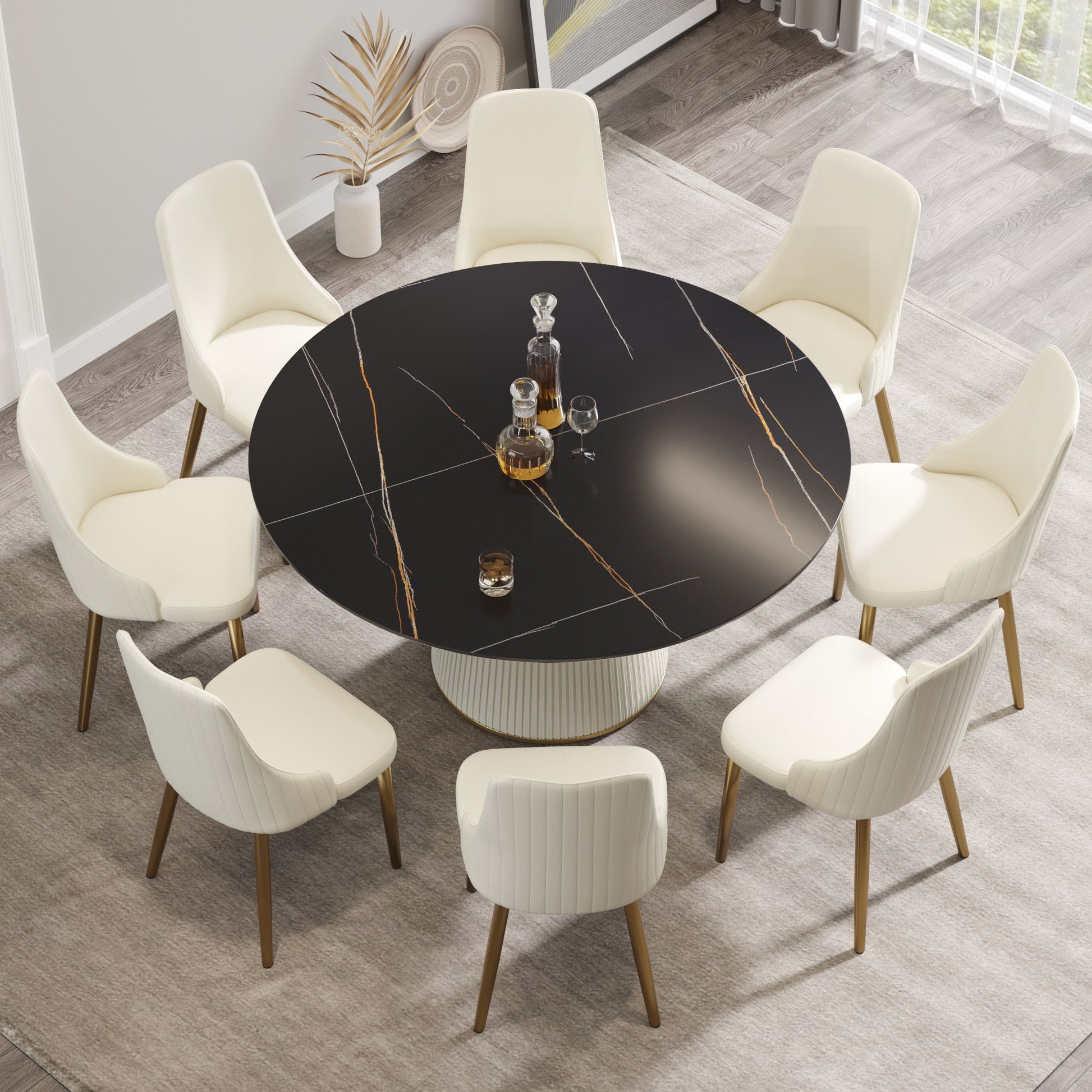 Modern Artificial Stone Round Plywood Base Dining Table, Can Accommodate 8 People, (Not Including Chairs) - Black / Beige Home Essentials