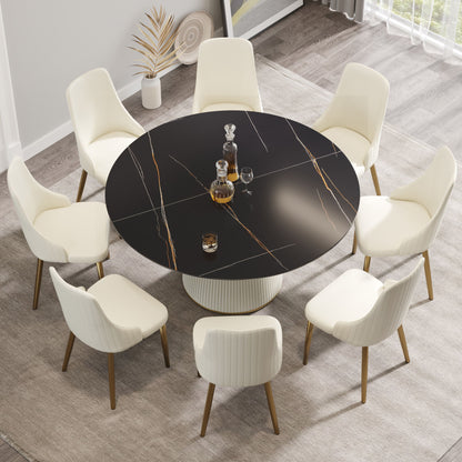 Modern Artificial Stone Round Plywood Base Dining Table, Can Accommodate 8 People, (Not Including Chairs) - Black / Beige Home Essentials