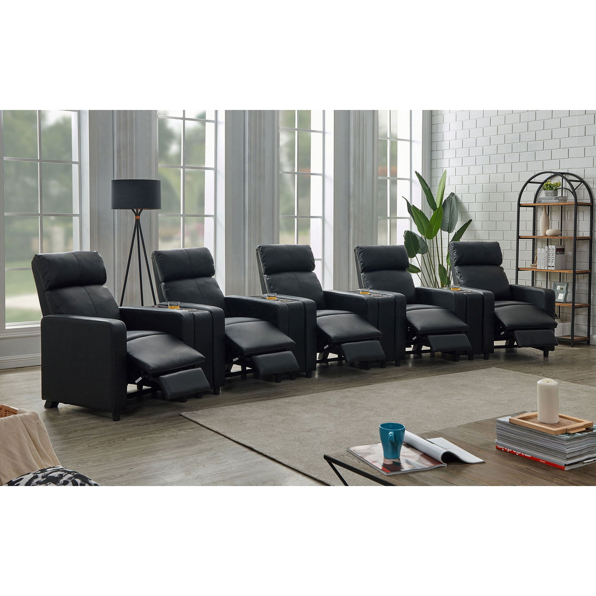 Warren - 5 Seater Home Theater With 4 Wedge Consoles Recliners And Storage Consoles - Black Furniture Max