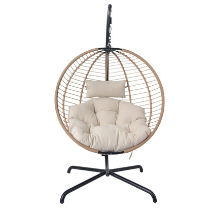 Sora - Outdoor Patio Wicker Hanging Chair With Stand - Beige / Brown Noble House