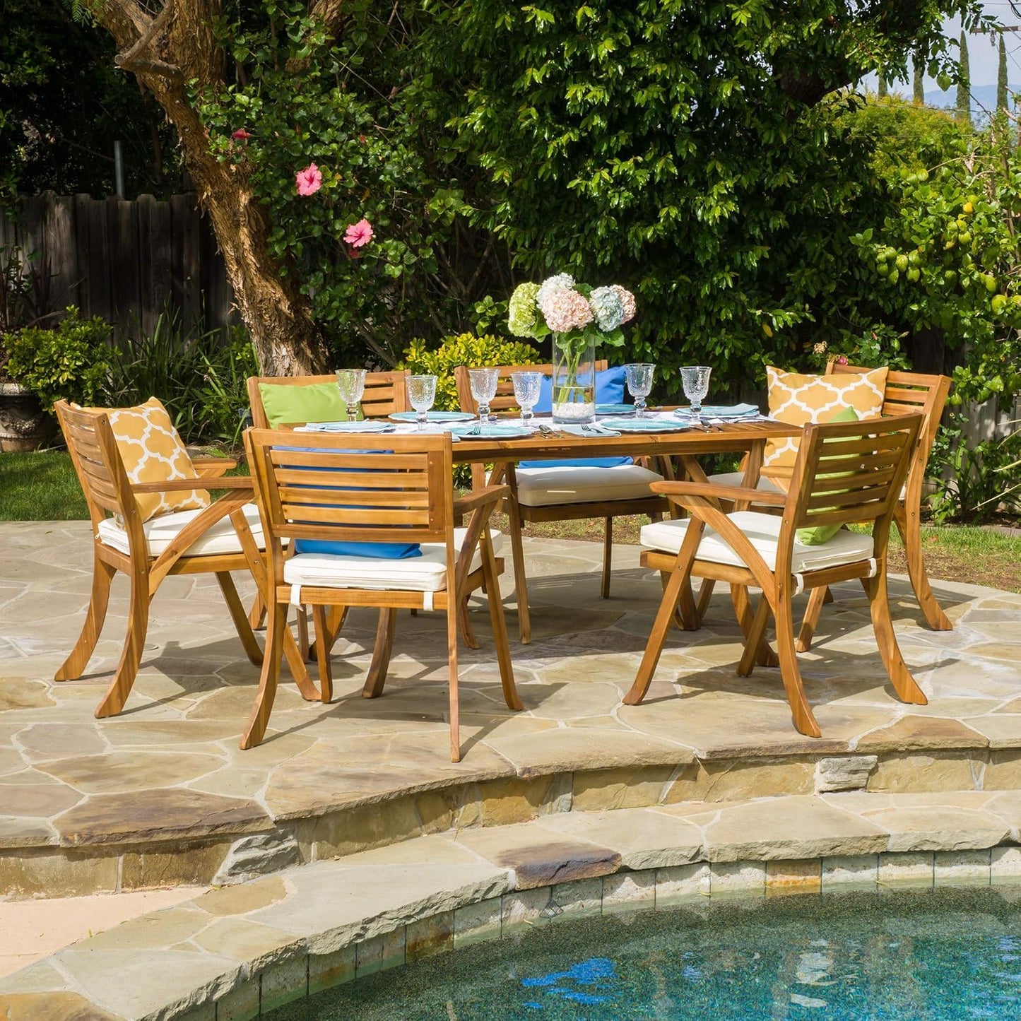 Outdoor Hermosa 7 Piece Wood Dining Set With Cushions - Teak Noble House