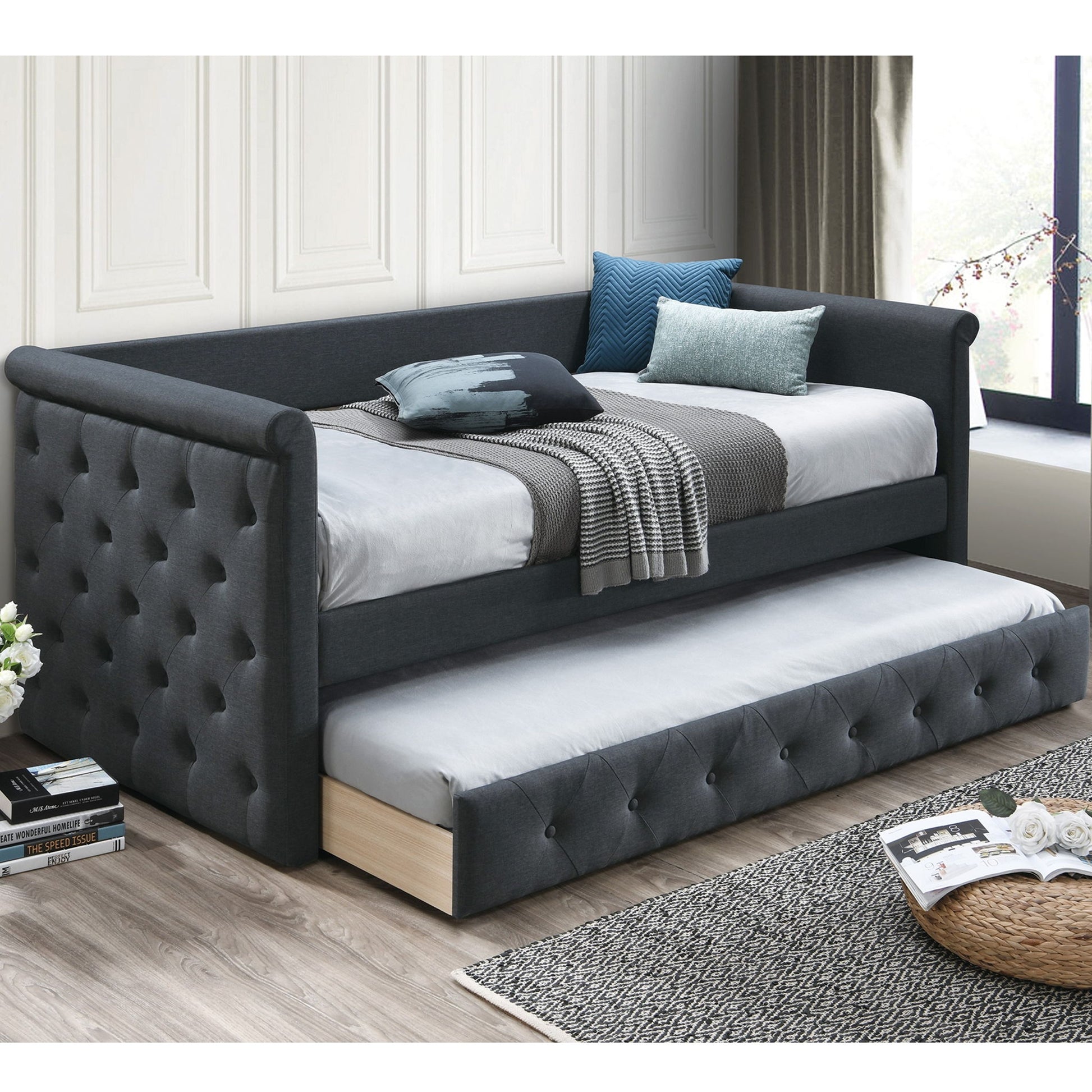 Contemporary Button Tufted Daybed With Slat Trundle Home Essentials