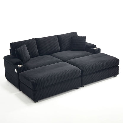 Convertible Sectional Sofa Bed Set With Armrest Storage, Cup Holder, USB - Black Home Essentials