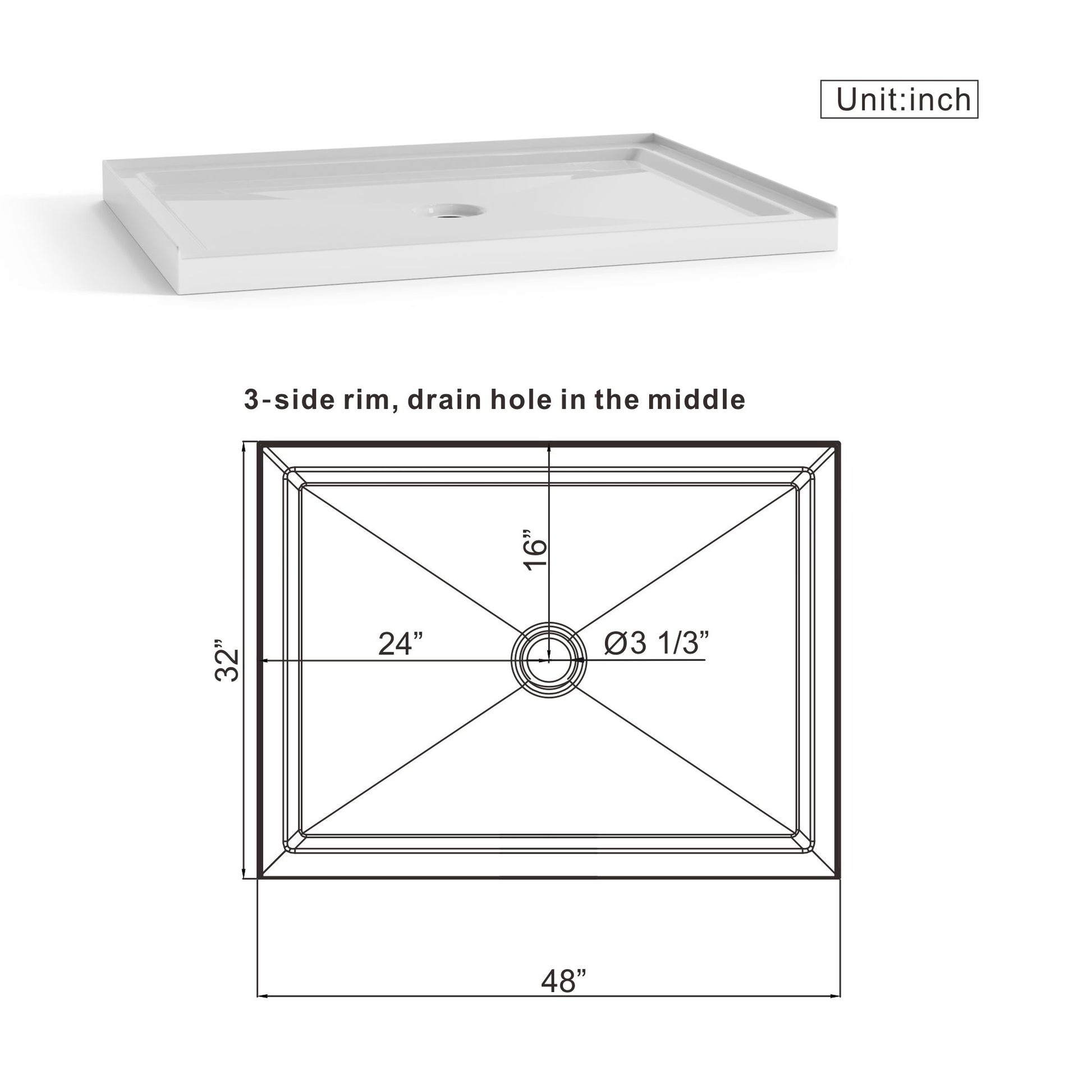Shower Base Anti Slip Center Drain Single Threshold 32" X 48" - White Daily Nest