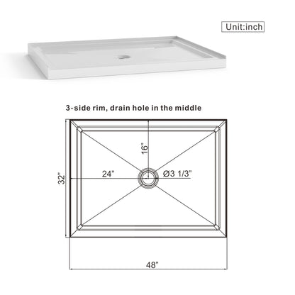 Shower Base Anti Slip Center Drain Single Threshold 32" X 48" - White Daily Nest