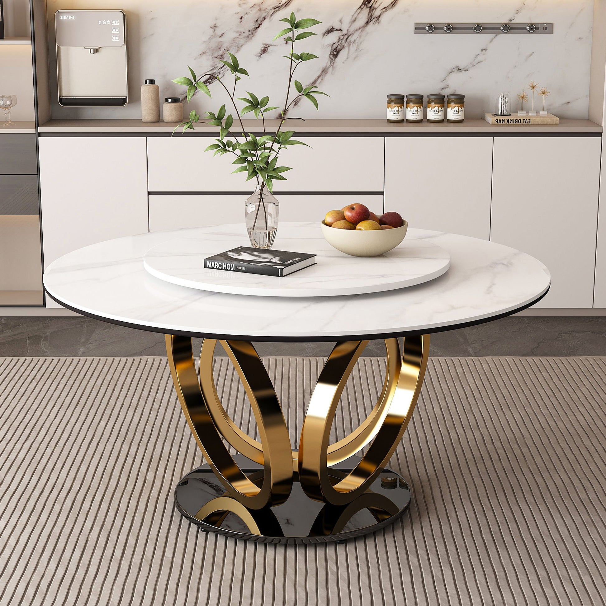 Round Dining Table With 360° Smooth Lazy Susan Stain / Heat - Gold / Black / White Home Essentials