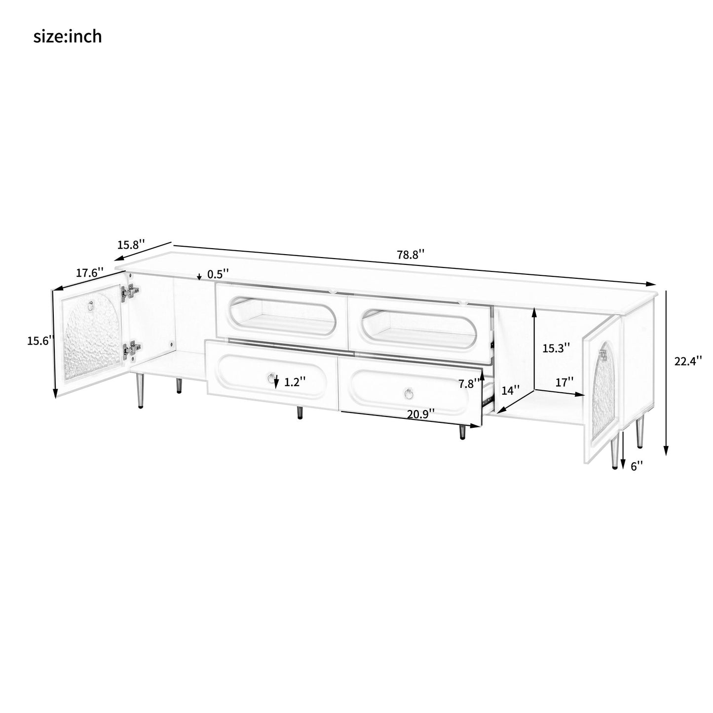 Retro TV Stand With 6 Metal Legs, 2 Cabinets, 4 Drawers And Anti-Tip Device Hearth and Haven