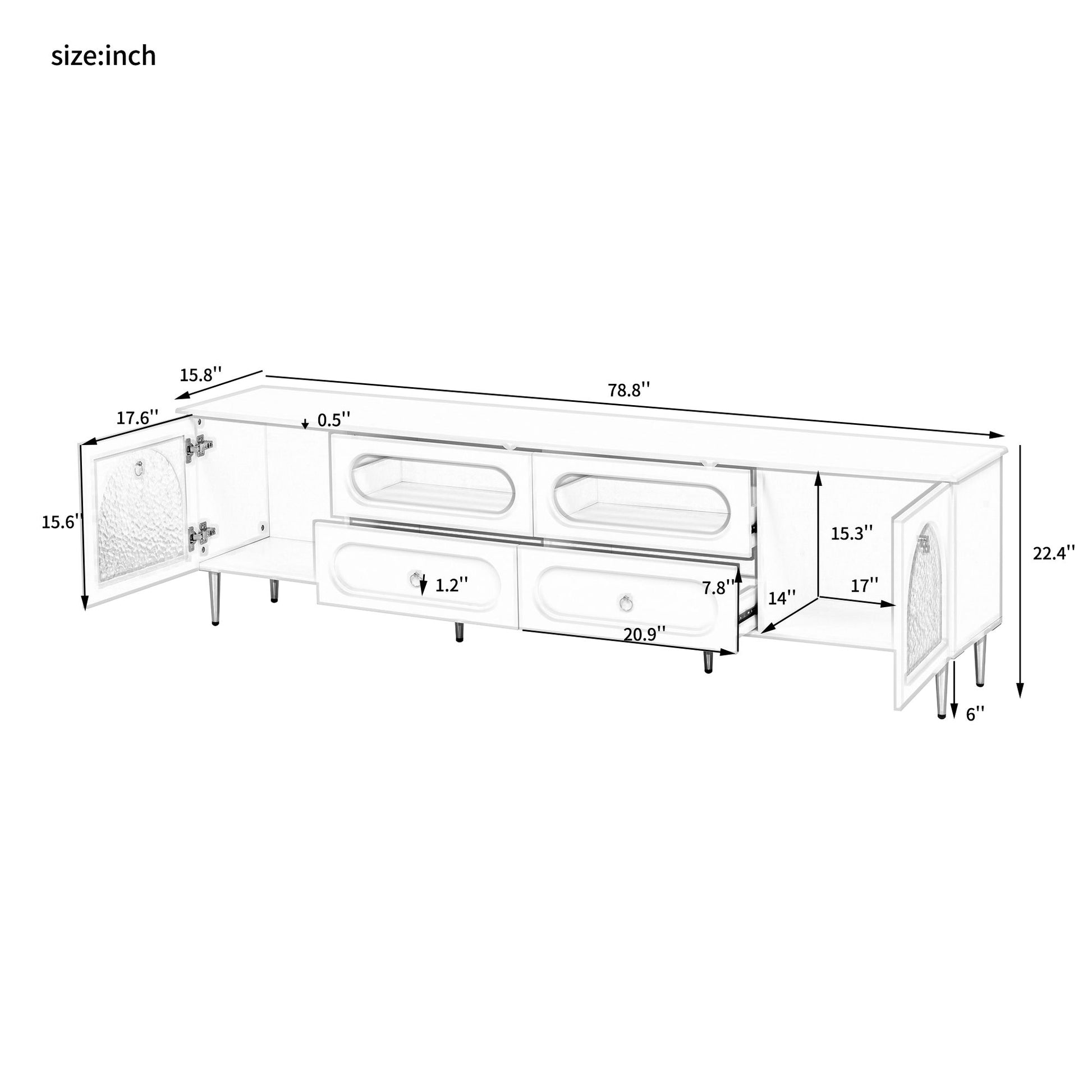 Retro TV Stand With 6 Metal Legs, 2 Cabinets, 4 Drawers And Anti-Tip Device Hearth and Haven