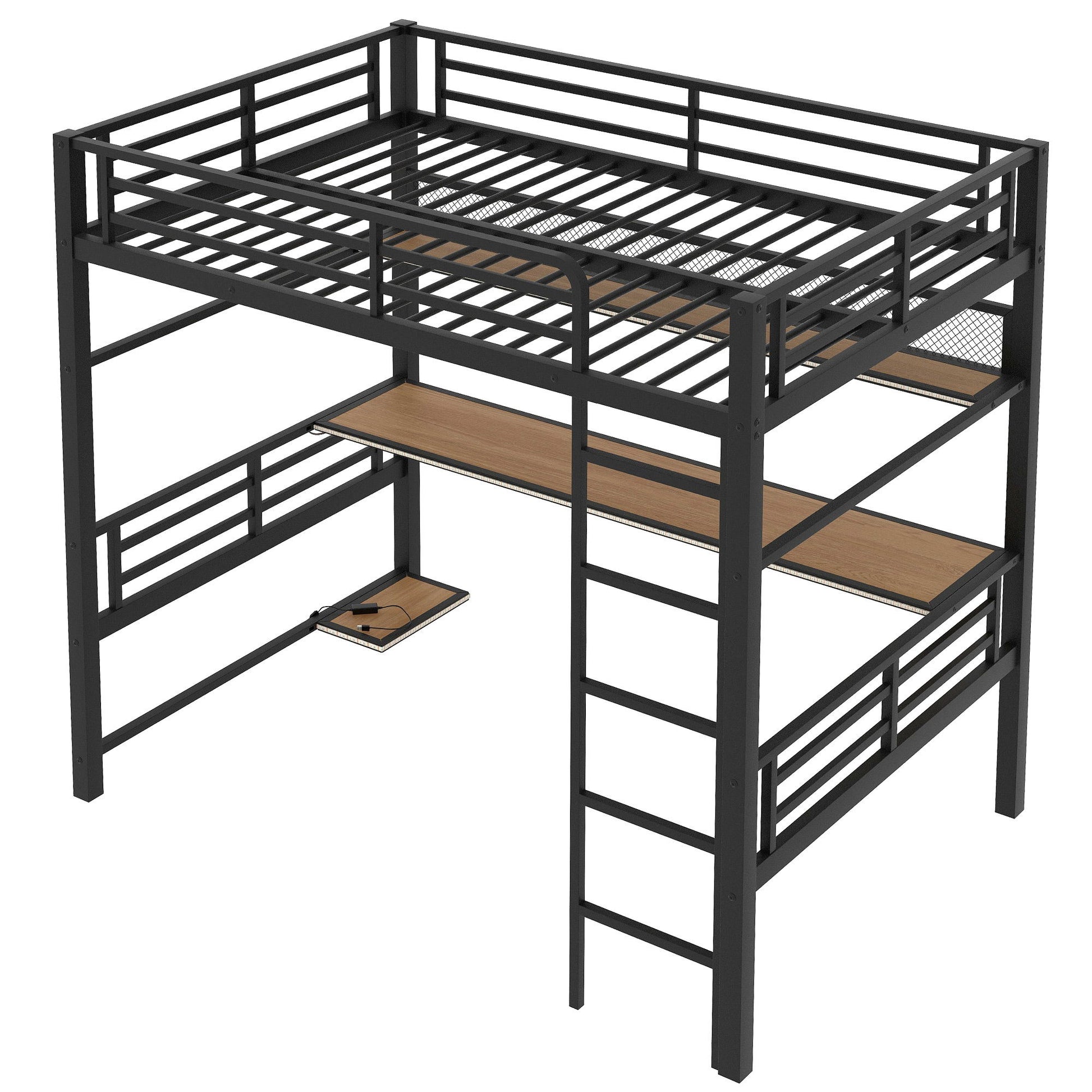 Full Size Loft Bed Frame With Storage Shelf And LED Light - Black Dreamland