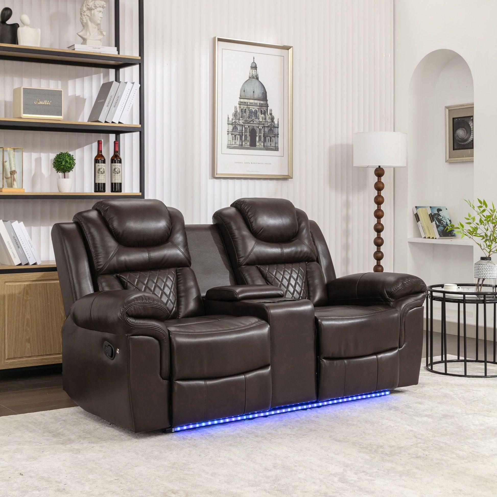 Home Theater Seating Manual Recliner Loveseat With Hide-Away Storage, Cup Holders And Led Light Strip For Living Room Hearth and Haven