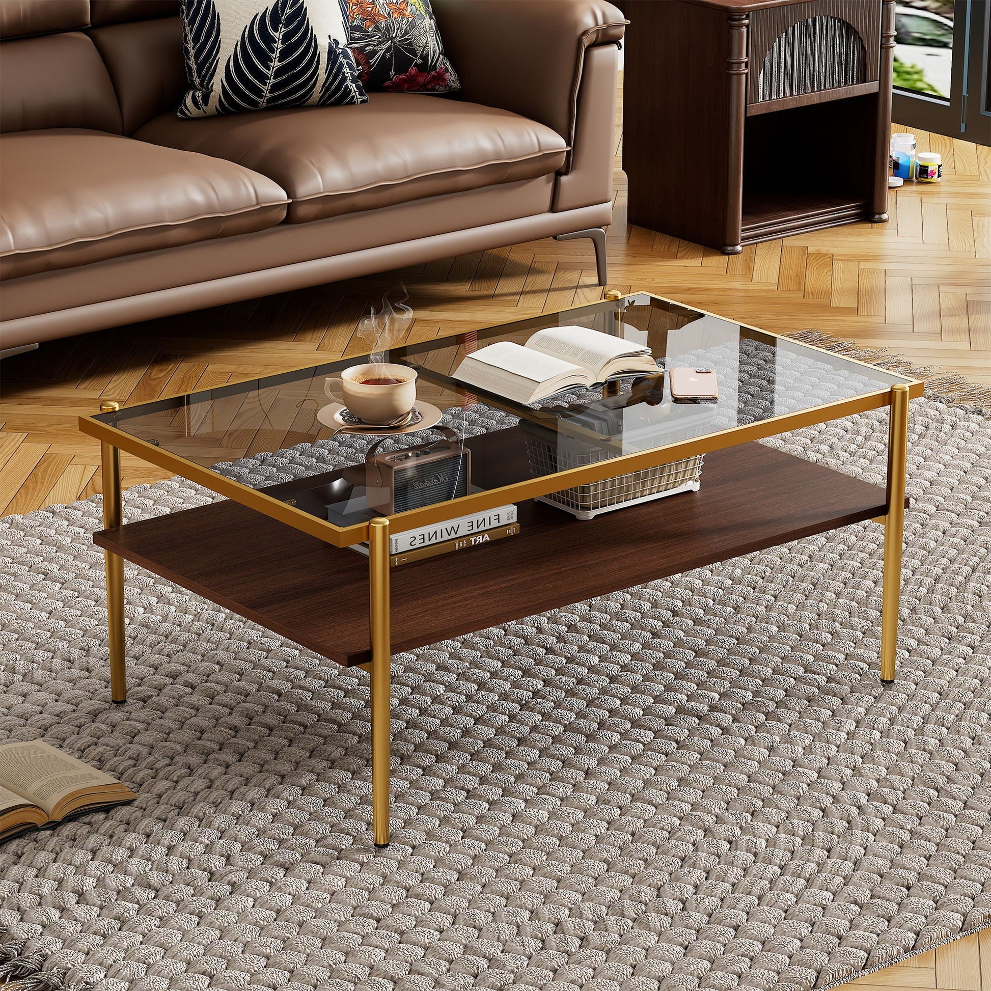 Rectangle Coffee Table With Tempered Glass Top And White Legs, Modern Table For Living Room Home Essentials