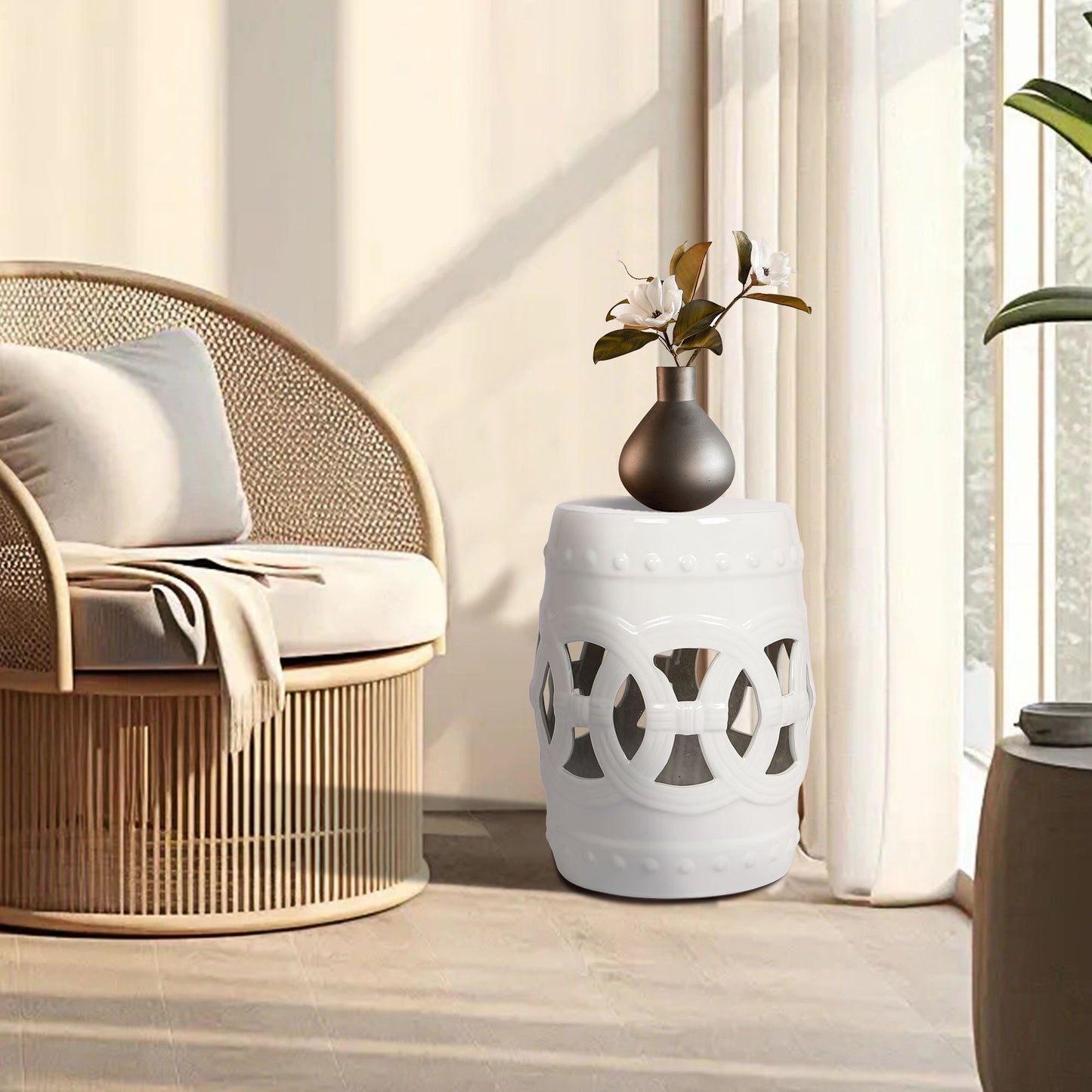 Elegant Glazed Ceramic Drum Stool Indoor / Outdoor Side Table Accent Garden Stool - White Home Essentials