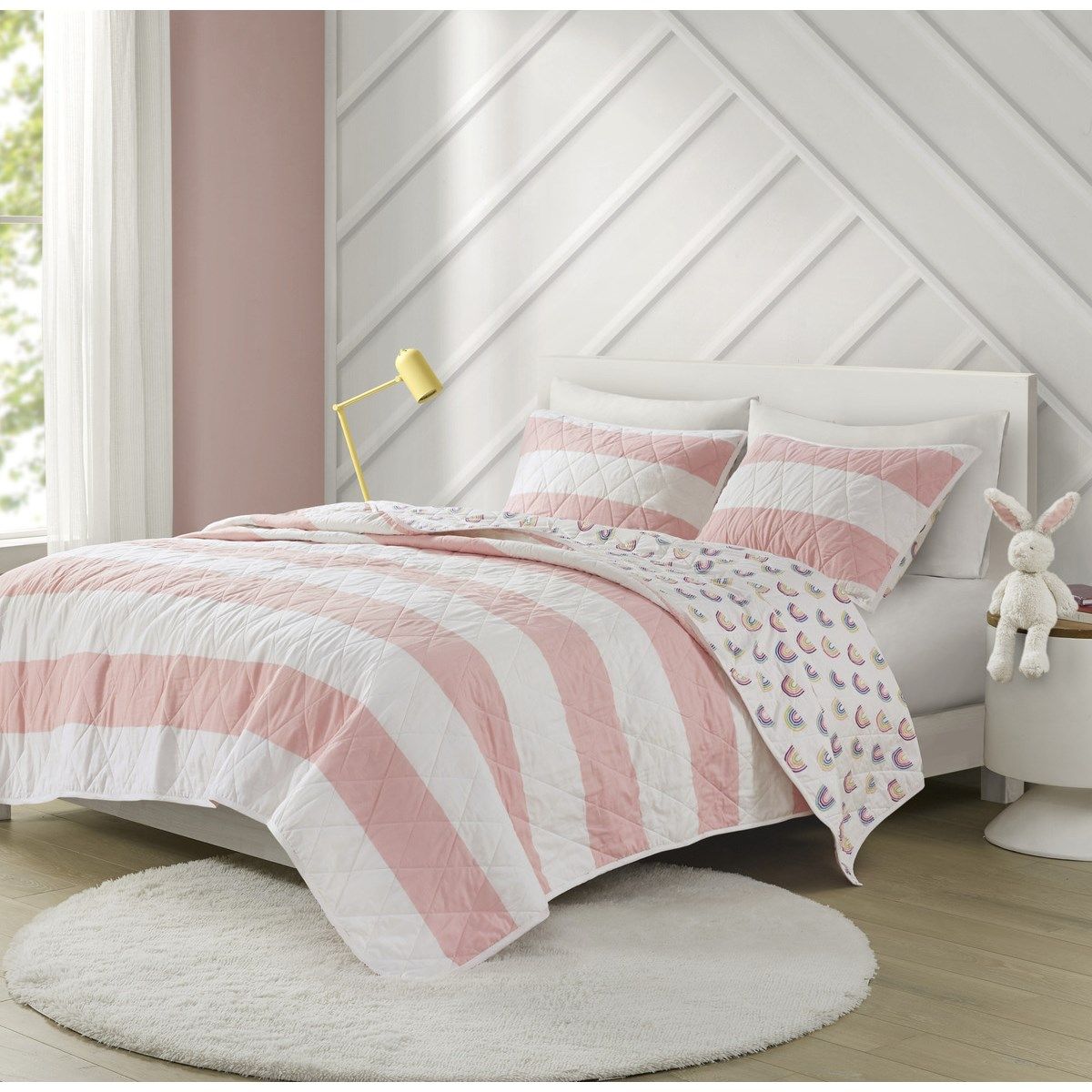 Sammie - Twin Cotton Cabana Stripe Reversible Quilt Set With Rainbow Reverse - Pink